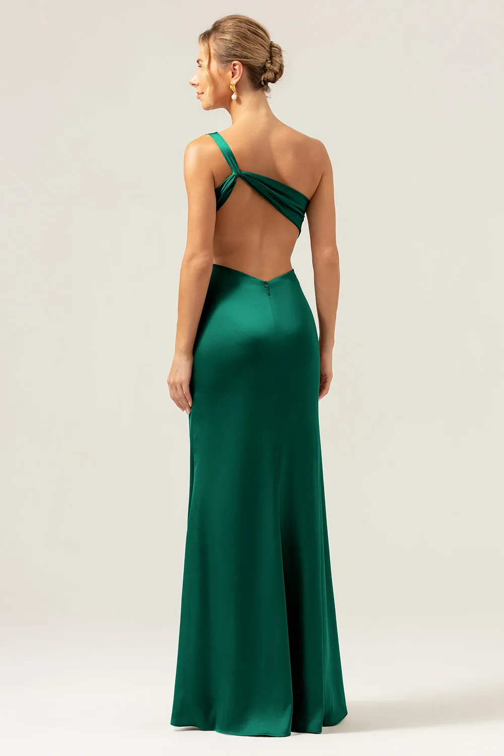 Dark Green Elegant Mermaid One Shoulder Pleated Backless Bridesmaid Dress with Slit sold by Wedtrend product image thumbnail 2