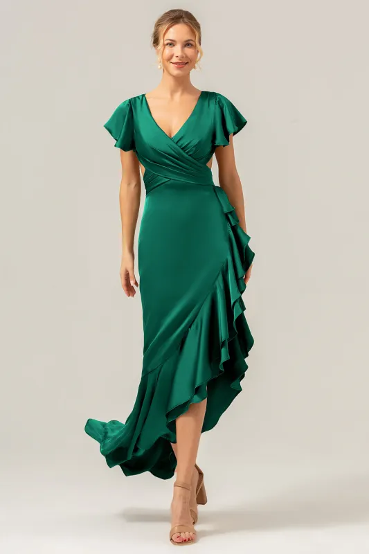 A Line V Neck Asymmetrical Dark Green Bridesmaid Dress with Ruffle Slit sold by Wedtrend
