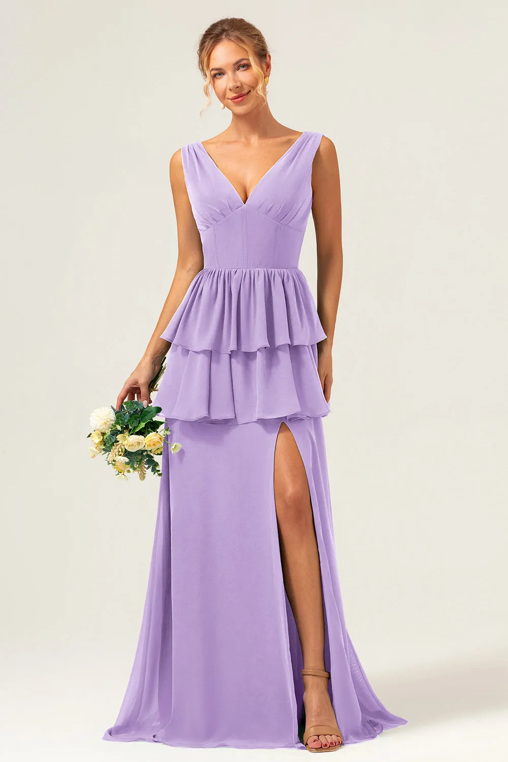 Lilac A Line V Neck Tiered Ruffle Long Bridesmaid Dress with Slit sold by Wedtrend