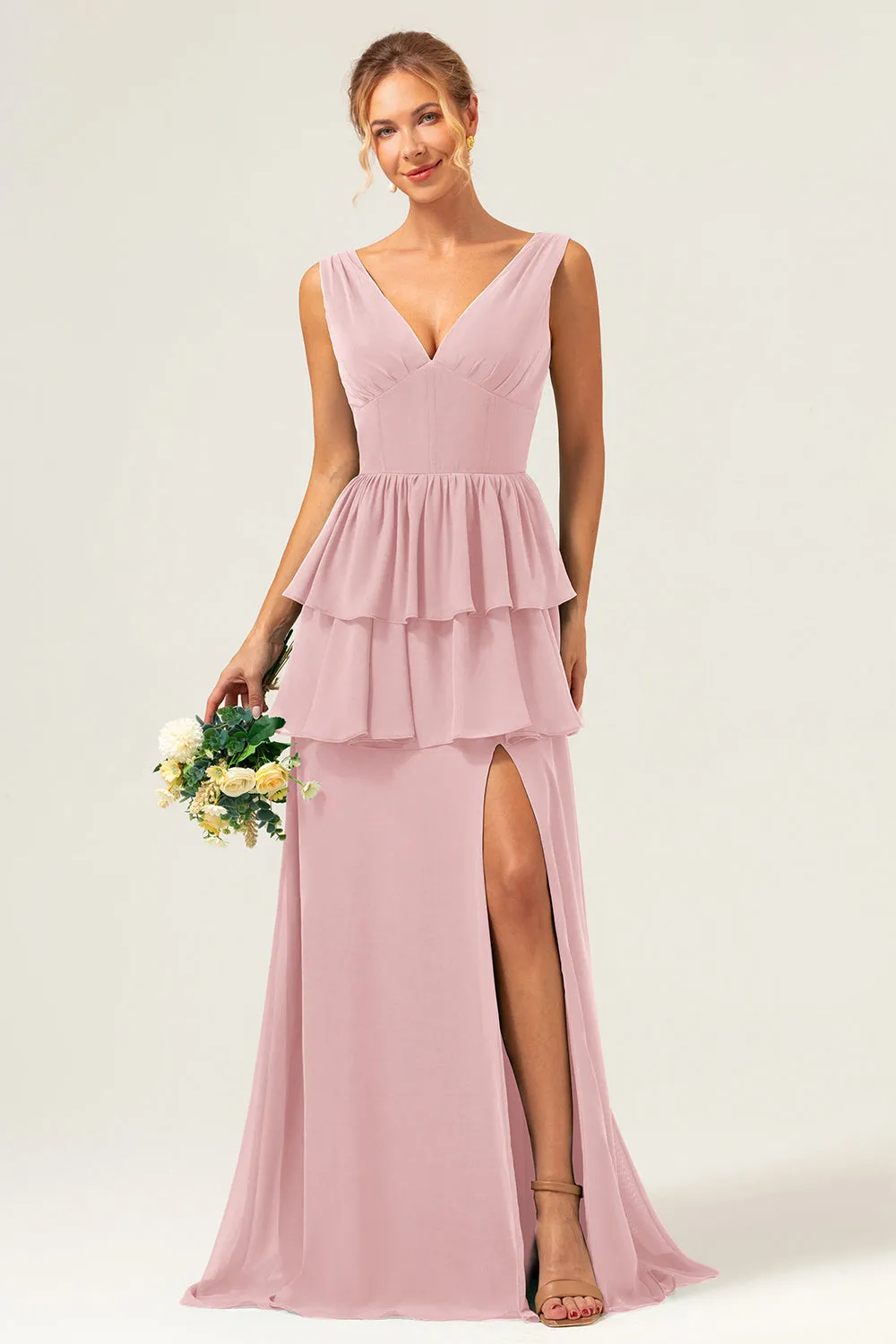 Lilac A Line V Neck Tiered Ruffle Long Bridesmaid Dress with Slit sold by Wedtrend product image thumbnail 5