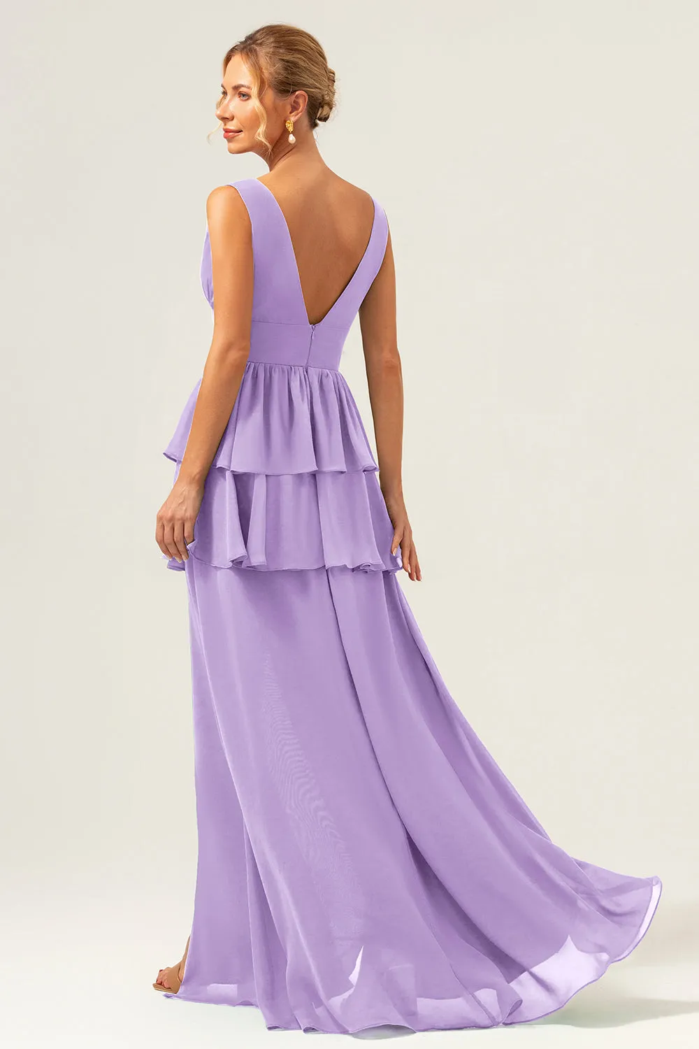 Lilac A Line V Neck Tiered Ruffle Long Bridesmaid Dress with Slit sold by Wedtrend product image thumbnail 2