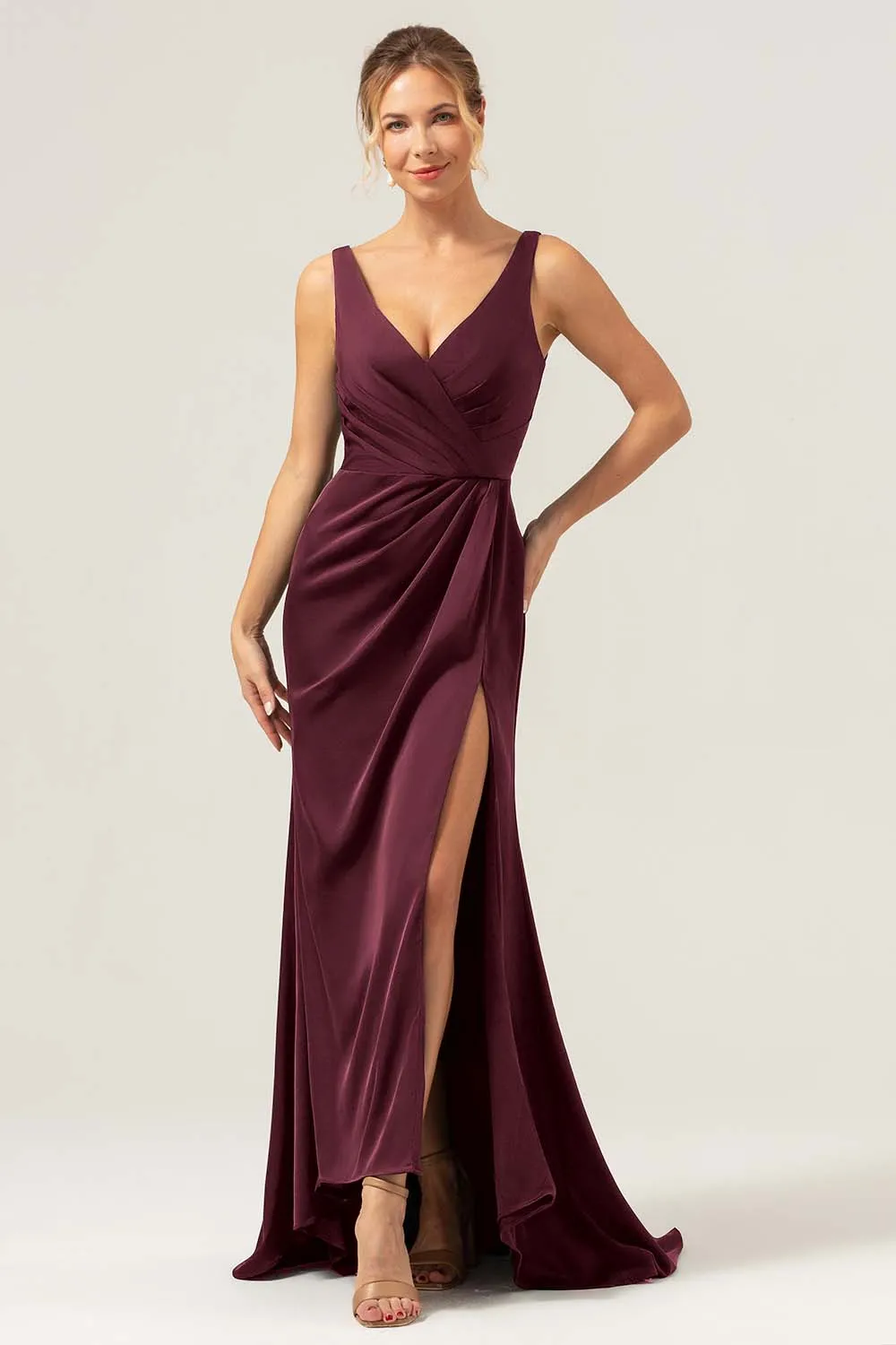 Burgundy Mermaid V Neck Ruched High-Low Long Satin Bridesmaid Dress with Slit sold by Wedtrend product image thumbnail 5
