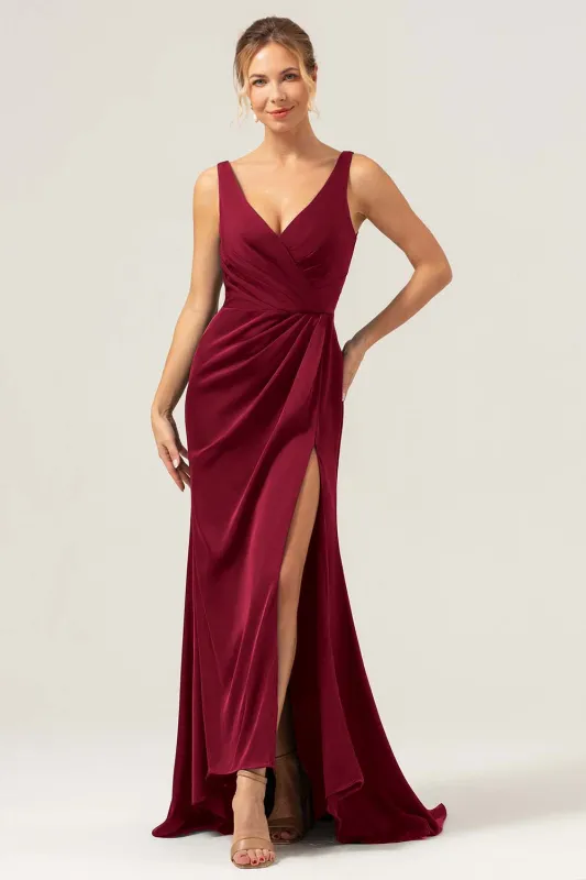Burgundy Mermaid V Neck Ruched High-Low Long Satin Bridesmaid Dress with Slit sold by Wedtrend