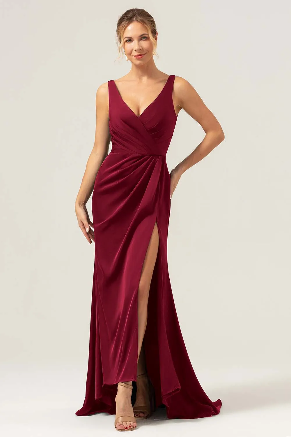 Burgundy Mermaid V Neck Ruched High-Low Long Satin Bridesmaid Dress with Slit sold by Wedtrend
