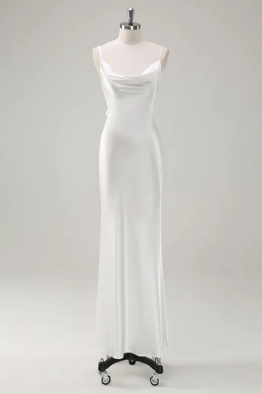 White Mermaid Cowl Neck Spaghetti Straps Backless Long Wedding Dress made by Wedtrend
