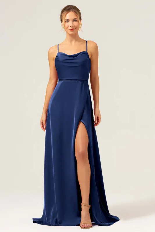 Dark Navy A Line Cowl Neck Long Satin Bridesmaid Dress with Slit made by Wedtrend