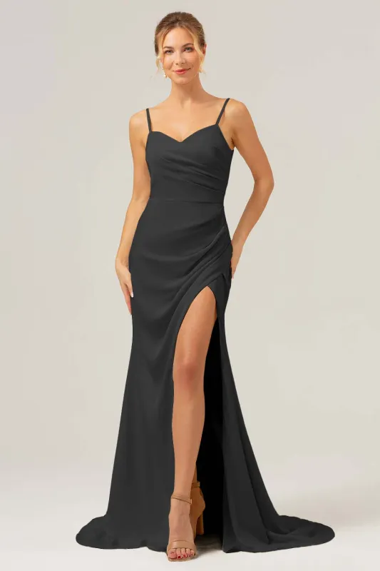 Black Sheath Spaghetti Straps Ruched Long Satin Bridesmaid Dress with Slit sold by Wedtrend