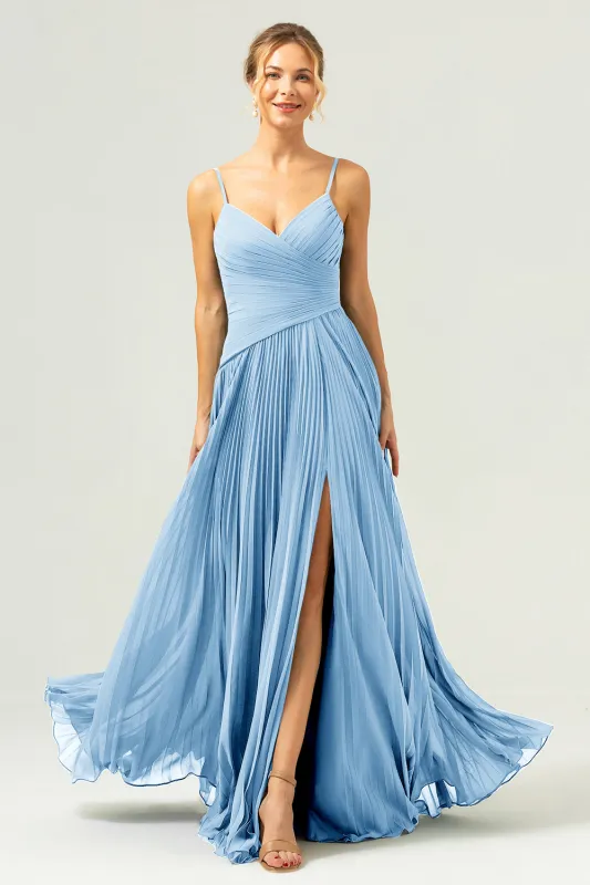A Line Spaghetti Straps Pleated Chiffon Long Bridesmaid Dress with Slit sold by Wedtrend