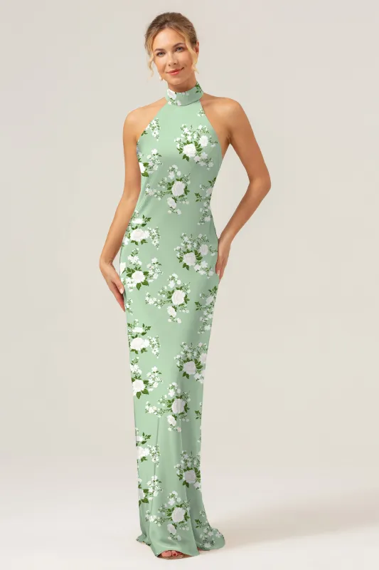 Sage White Flower Sheath Halter Backless Long Satin Bridesmaid Dress with Slit sold by Wedtrend