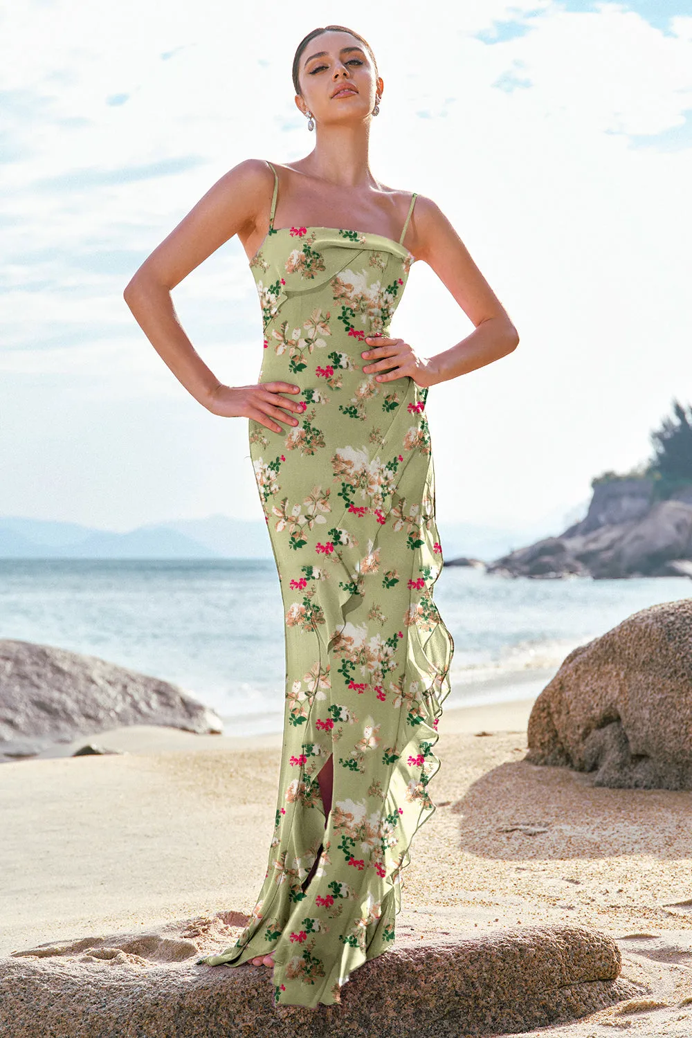 Green Large Sheath Spaghetti Straps Ruffle Floral Dress with Slit sold by Wedtrend