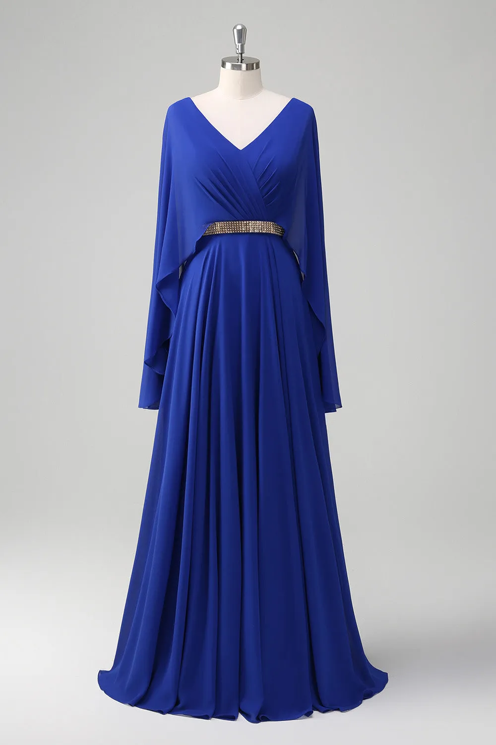 Royal Blue A-Line V Neck Ruched Long Mother of the Bride Dress with Beading sold by Wedtrend
