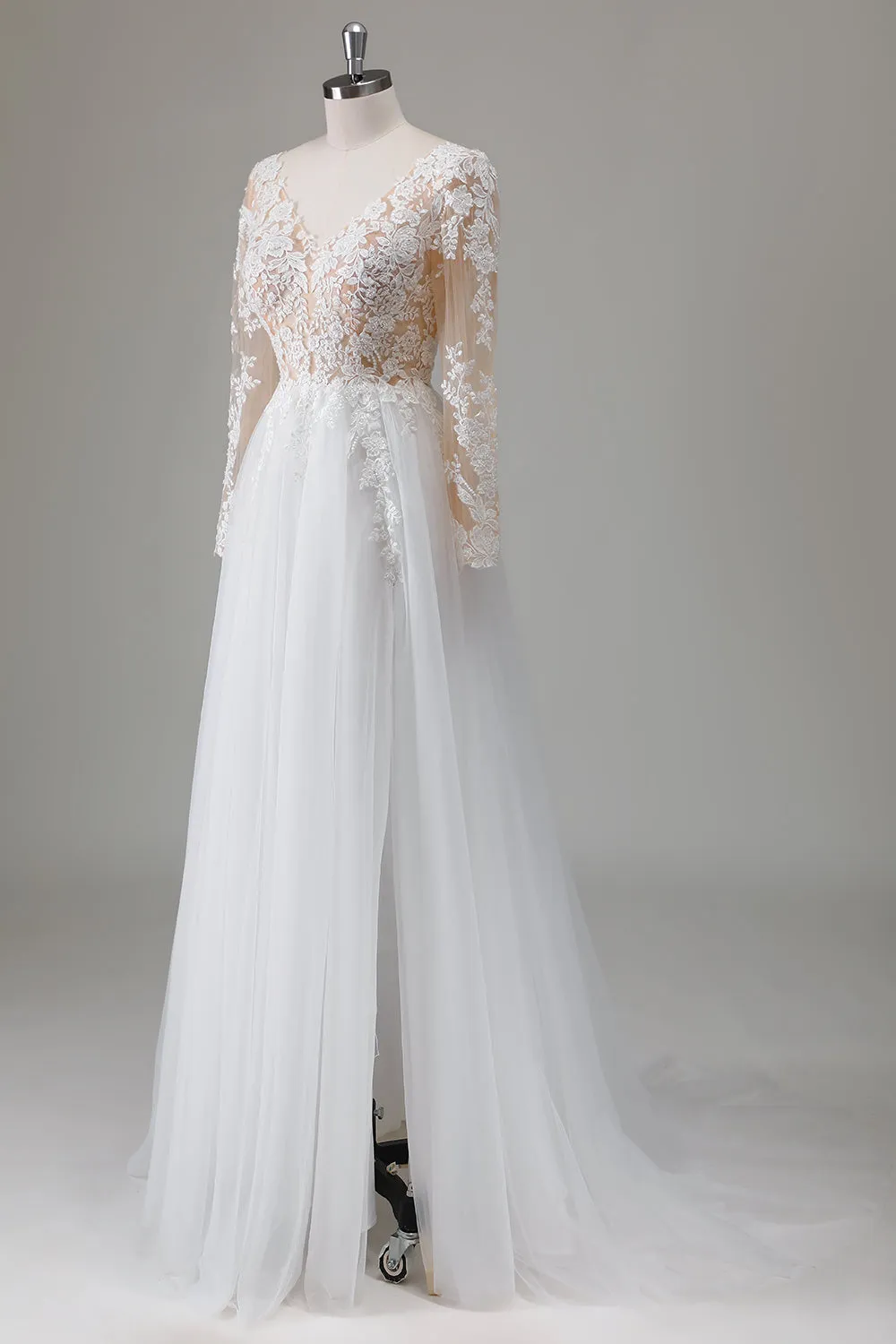 Ivory A Line V-Neck Long Sleeves Appliqued Wedding Dress with Slit sold by Wedtrend product image thumbnail 3