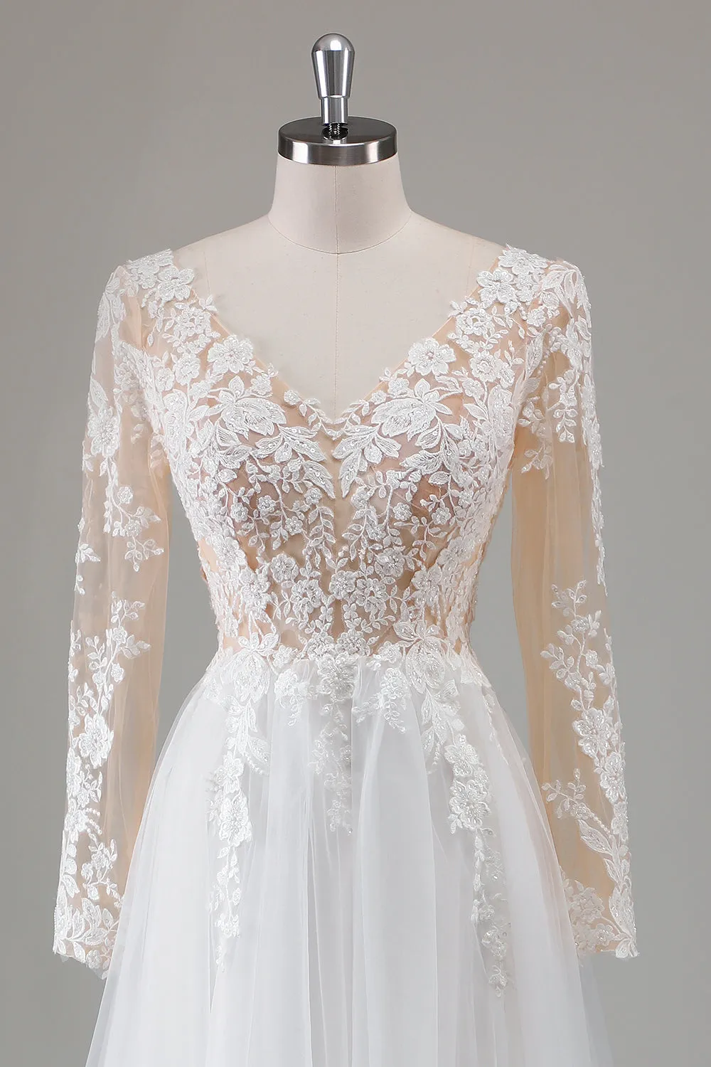 Ivory A Line V-Neck Long Sleeves Appliqued Wedding Dress with Slit sold by Wedtrend product image thumbnail 4