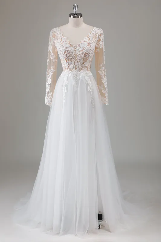 Ivory A Line V-Neck Long Sleeves Appliqued Wedding Dress with Slit made by Wedtrend