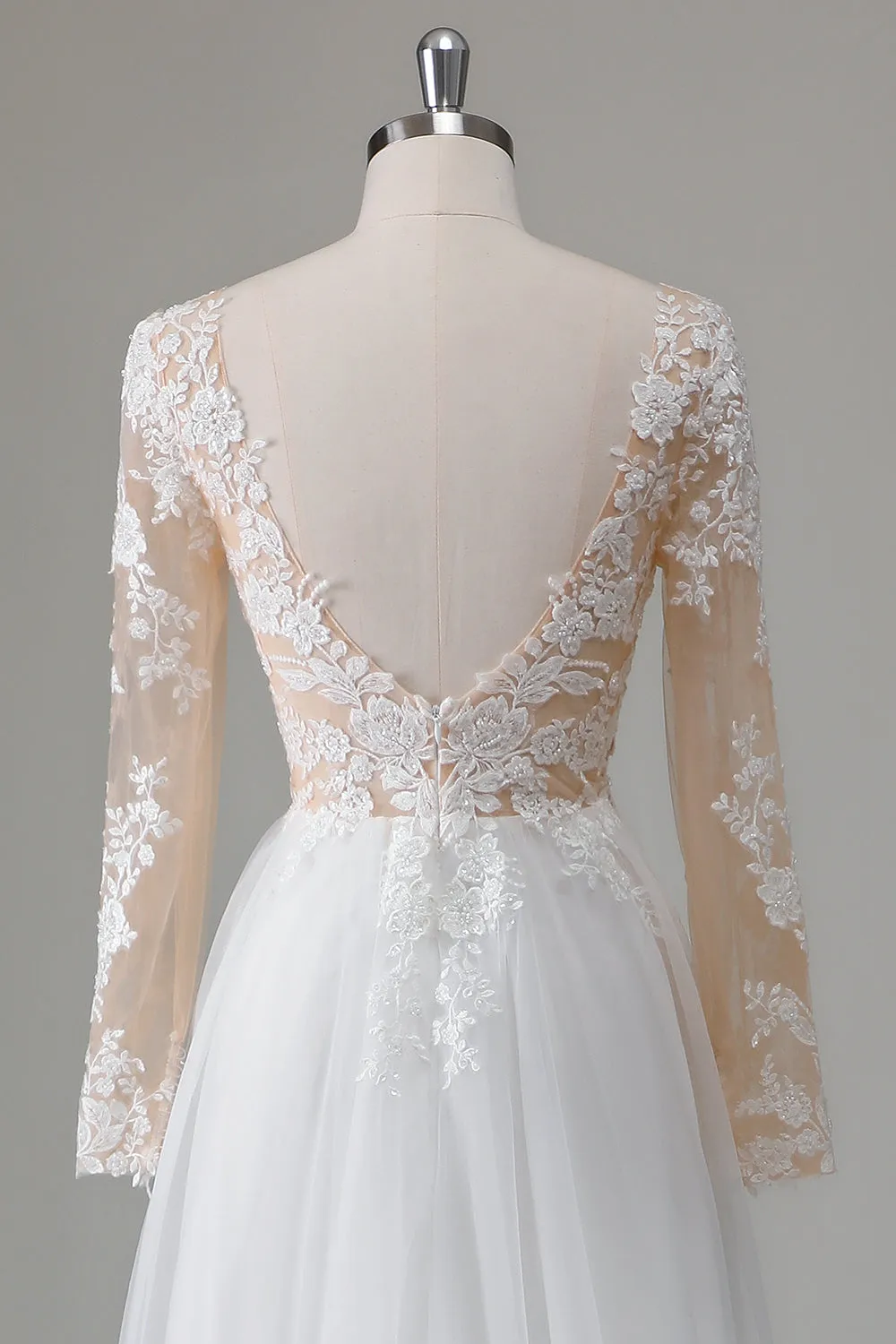 Ivory A Line V-Neck Long Sleeves Appliqued Wedding Dress with Slit sold by Wedtrend product image thumbnail 5