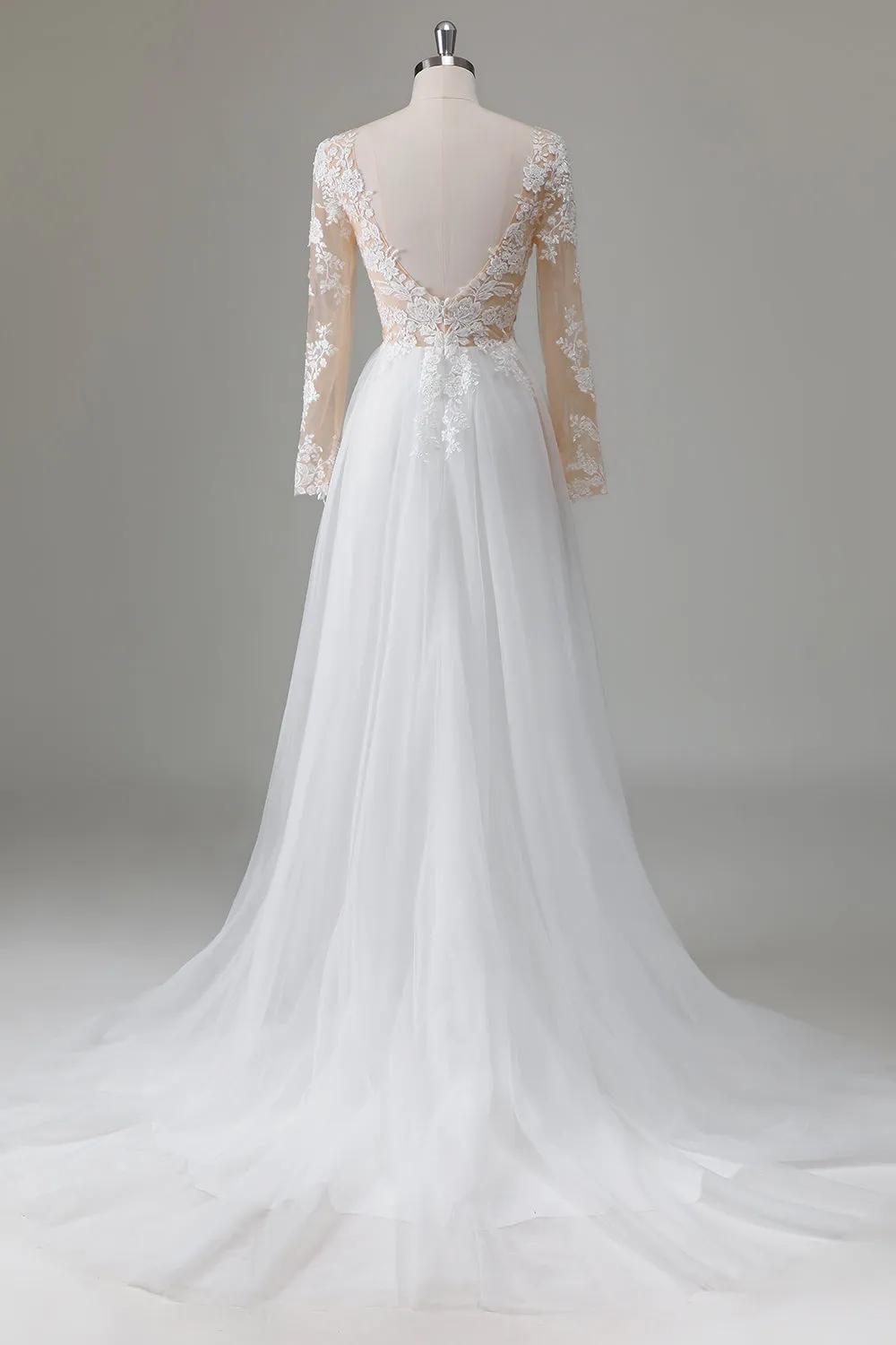 Ivory A Line V-Neck Long Sleeves Appliqued Wedding Dress with Slit sold by Wedtrend product image thumbnail 2