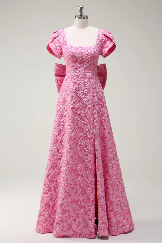 Fuchsia A-Line Square Neck Bow Back Brocade Floral Maxi Prom Dress with Slit made by Wedtrend