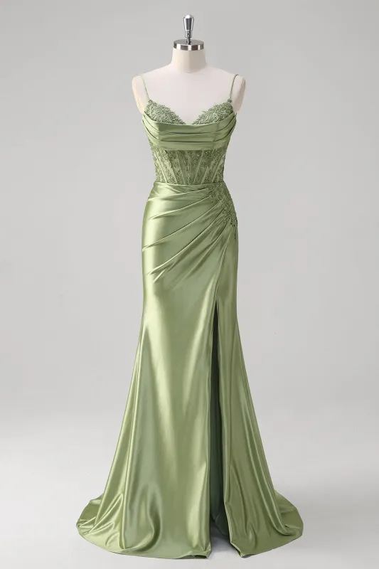 Green Mermaid Spaghetti Straps Corset Sequin Appliqued Long Prom Dress with Slit sold by Wedtrend
