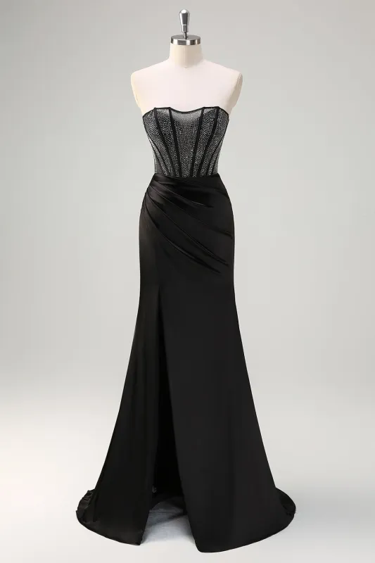 Glitter Mermaid Strapless Ruched Satin Corset Long Black Prom Dress with Beading made by Wedtrend