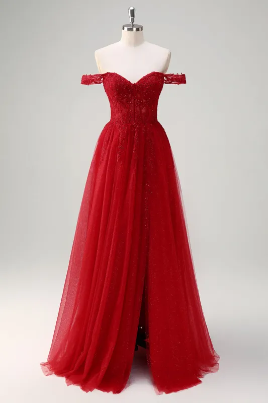 A-Line Off the Shoulder Beaded Long Corset Red Prom Dress with Slit sold by Wedtrend