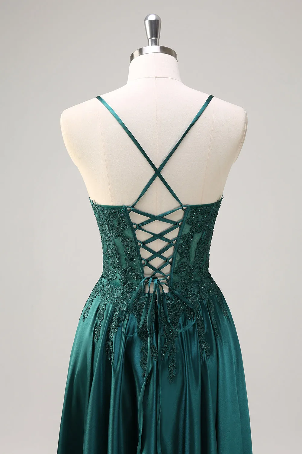 Dark Green A-Line Spaghetti Straps Satin Beaded Long Prom Dress with Appliques sold by Wedtrend product image thumbnail 5