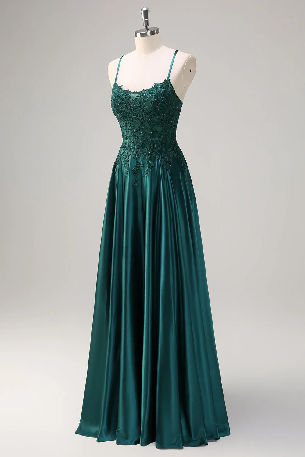 Dark Green A-Line Spaghetti Straps Satin Beaded Long Prom Dress with Appliques sold by Wedtrend product image thumbnail 3