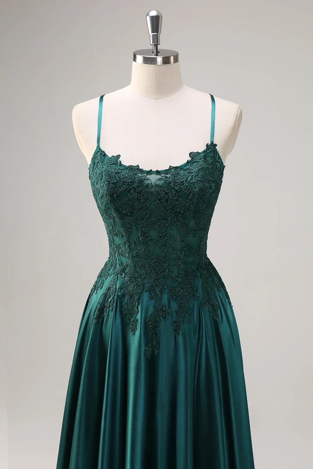 Dark Green A-Line Spaghetti Straps Satin Beaded Long Prom Dress with Appliques sold by Wedtrend product image thumbnail 4