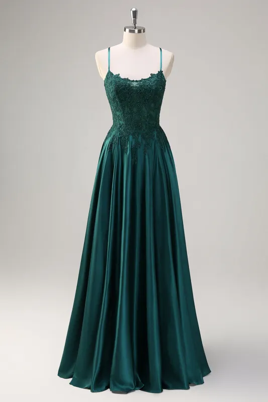 Dark Green A-Line Spaghetti Straps Satin Beaded Long Prom Dress with Appliques made by Wedtrend