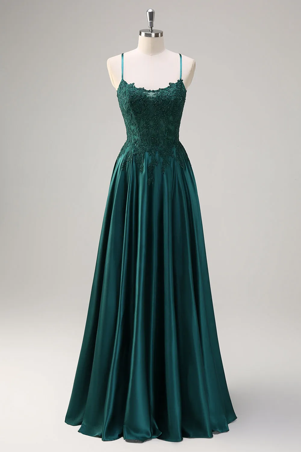 Dark Green A-Line Spaghetti Straps Satin Beaded Long Prom Dress with Appliques sold by Wedtrend