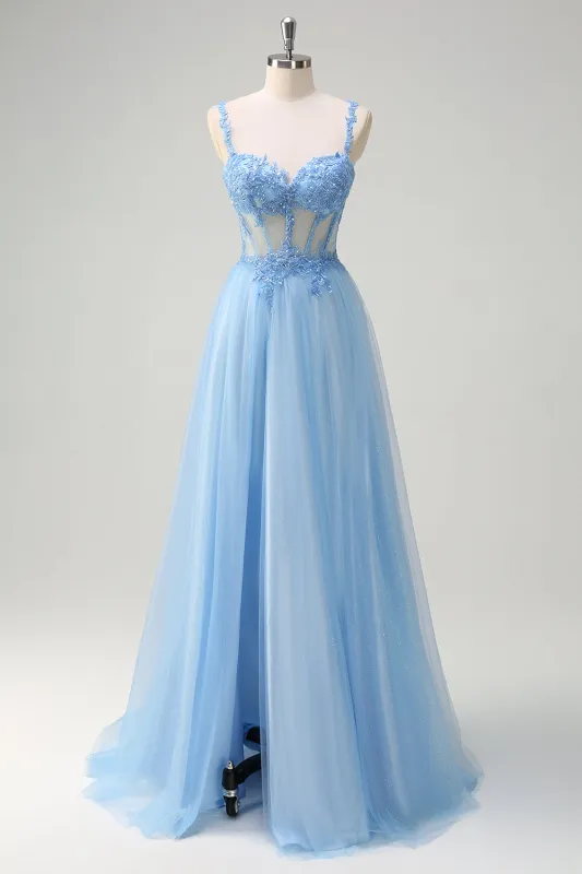Sparkly Blue A-Line Lace Up Back Sheer Corset Long Prom Dress with Slit sold by Wedtrend
