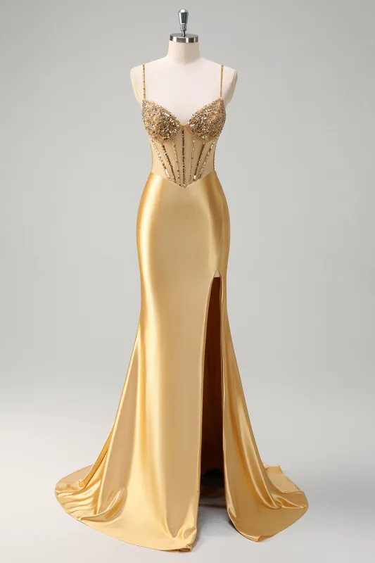 Sparkly Golden Mermaid Spaghetti Straps Corset Long Prom Dress with Slit made by Wedtrend