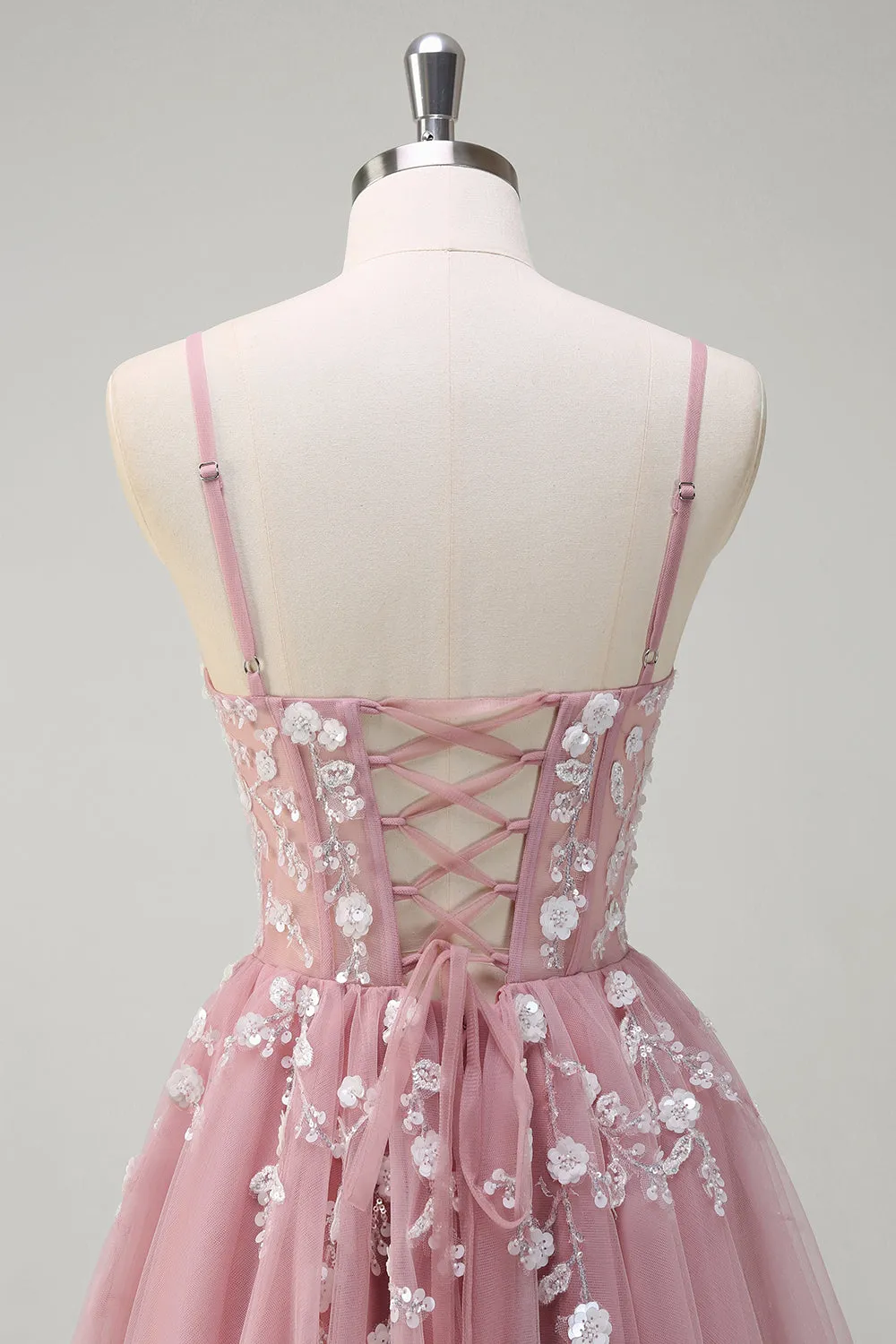 Blush A-Line Spaghetti Straps Sequin Appliqued Prom Dress with Tulle Slit sold by Wedtrend product image thumbnail 5