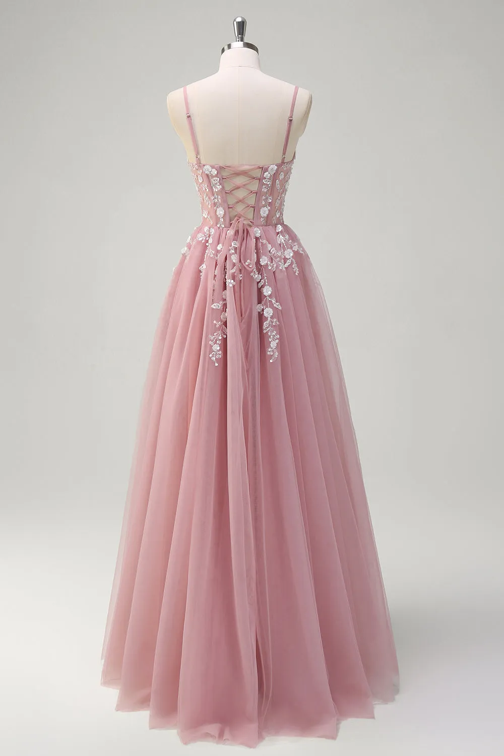 Blush A-Line Spaghetti Straps Sequin Appliqued Prom Dress with Tulle Slit sold by Wedtrend product image thumbnail 2