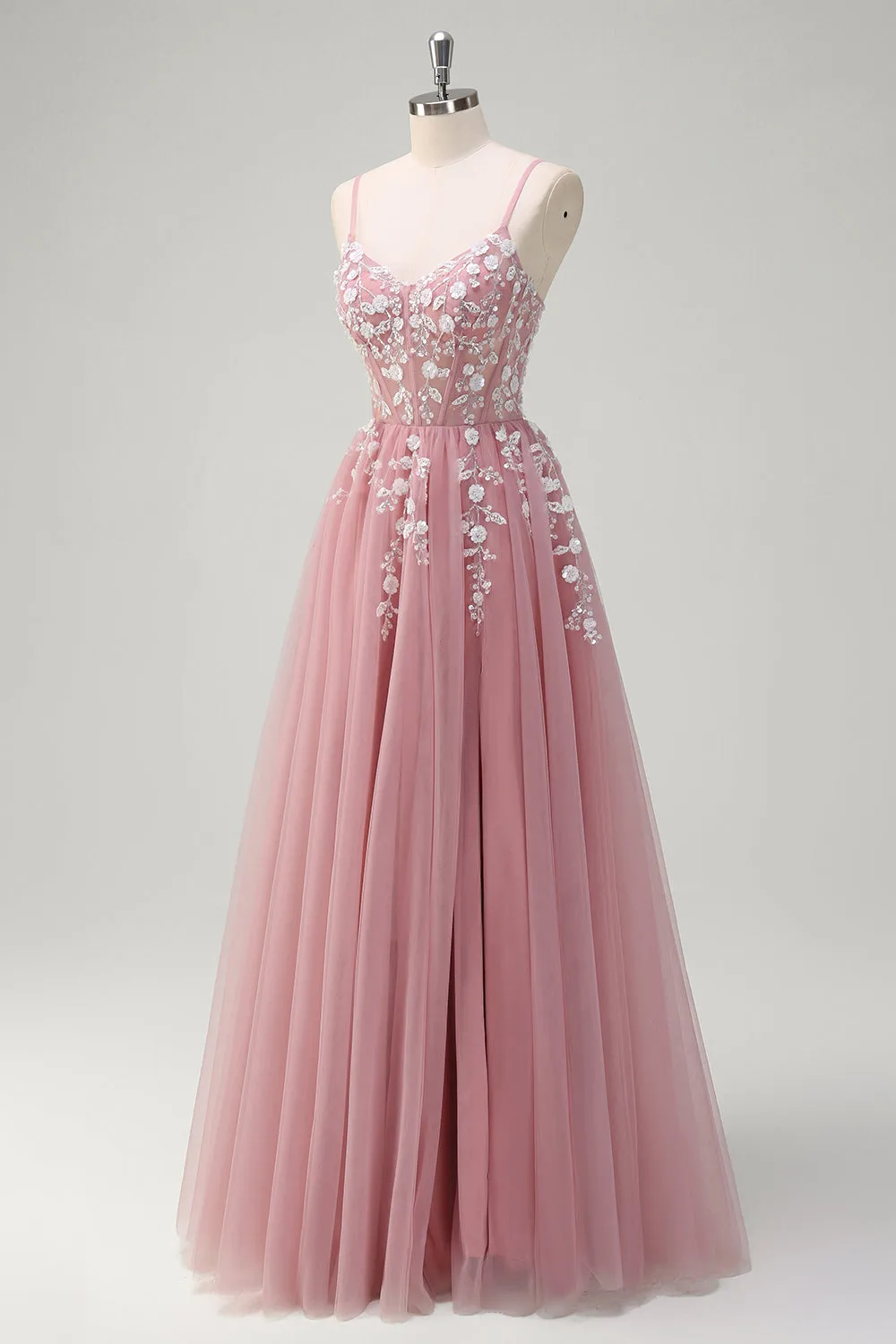 Blush A-Line Spaghetti Straps Sequin Appliqued Prom Dress with Tulle Slit sold by Wedtrend product image thumbnail 3