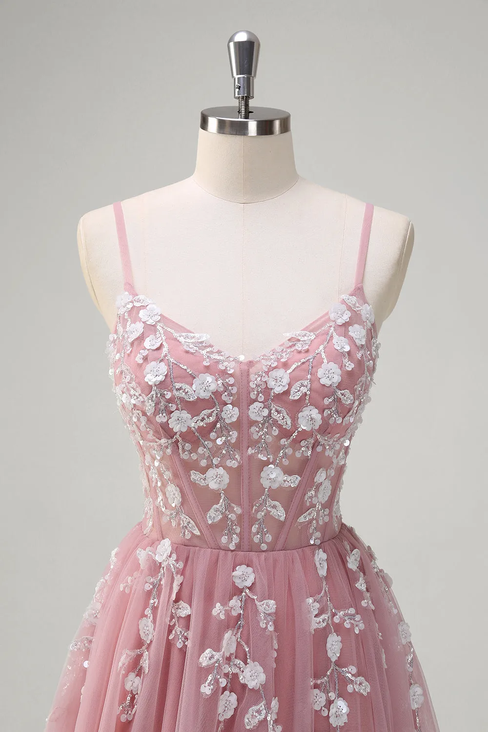 Blush A-Line Spaghetti Straps Sequin Appliqued Prom Dress with Tulle Slit sold by Wedtrend product image thumbnail 4