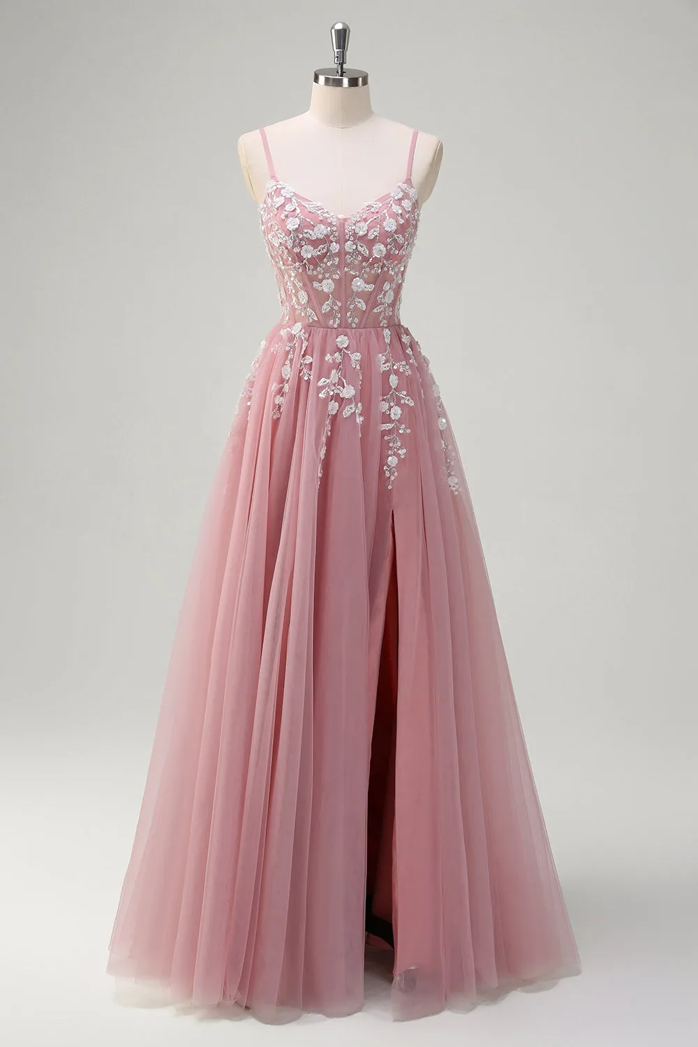 Blush A-Line Spaghetti Straps Sequin Appliqued Prom Dress with Tulle Slit sold by Wedtrend