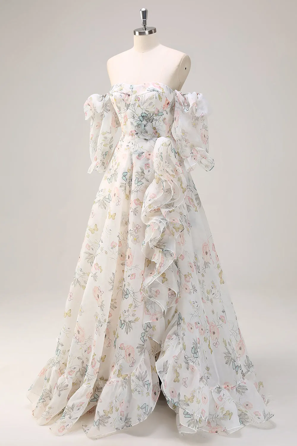 A Line Off The Shoulder White Floral Long Prom Dress with Ruffle Slit sold by Wedtrend product image thumbnail 3