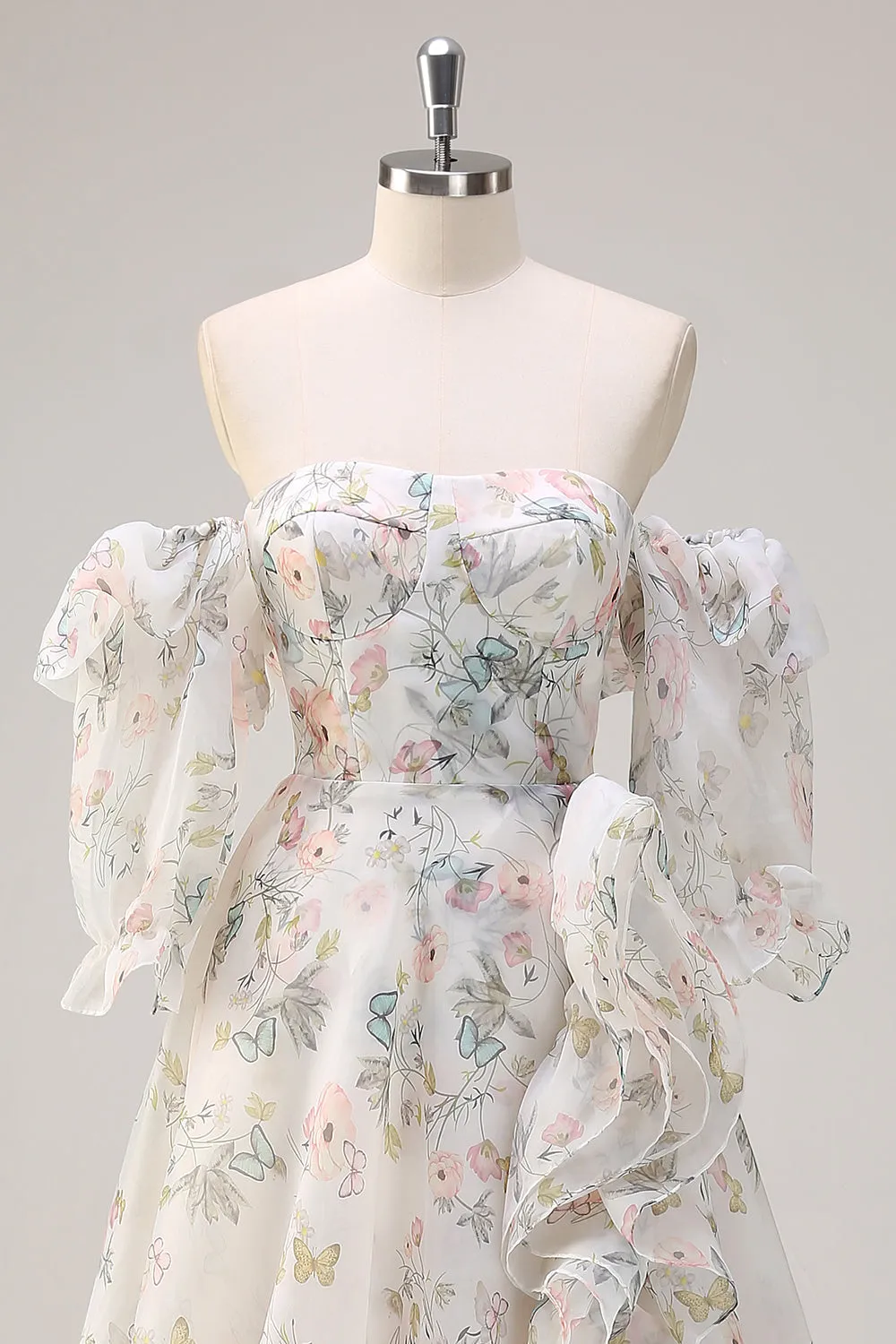 A Line Off The Shoulder White Floral Long Prom Dress with Ruffle Slit sold by Wedtrend product image thumbnail 4