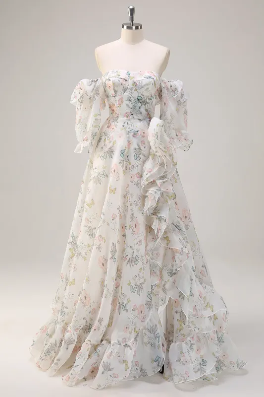 A Line Off The Shoulder White Floral Long Prom Dress with Ruffle Slit made by Wedtrend