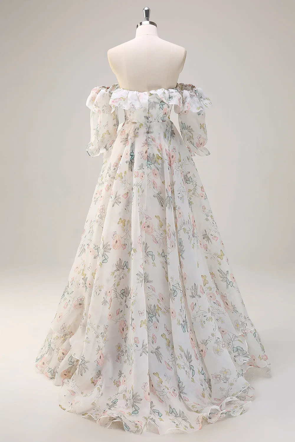 A Line Off The Shoulder White Floral Long Prom Dress with Ruffle Slit sold by Wedtrend product image thumbnail 2