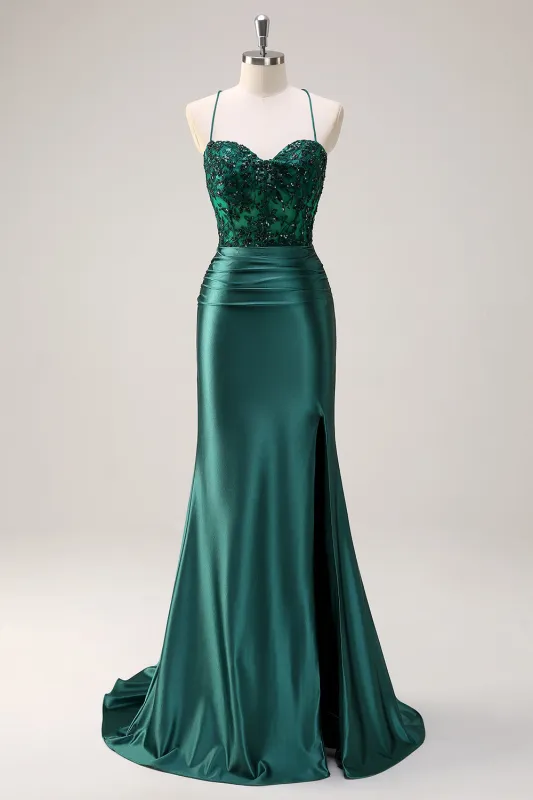 Sparkly Dark Green Halter Corset Mermaid Long Prom Dress With Slit sold by Wedtrend