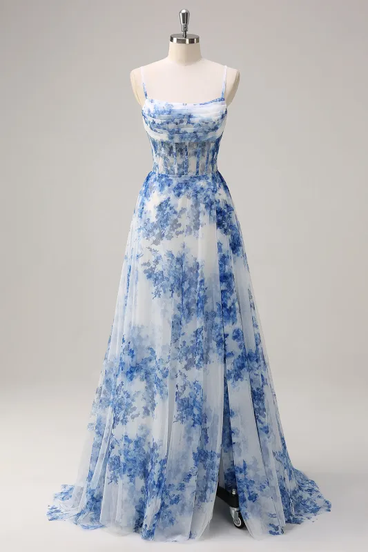 White Blue Flower A Line Spaghetti Straps Ruched Corset Long Prom Dress With Slit made by Wedtrend