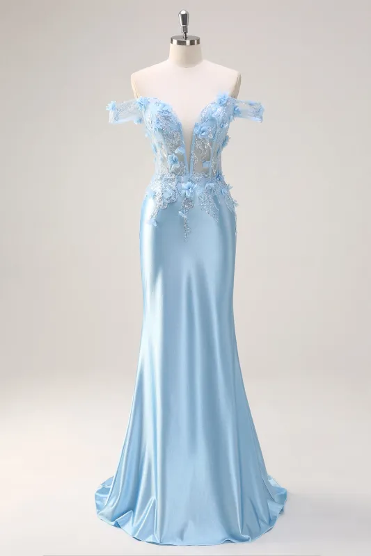 Sky Blue Off The Shoulder Corset Mermaid Long Prom Dress with 3D Flowers sold by Wedtrend