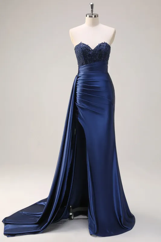 Navy Mermaid Sweetheart Side Streamer Ruched Corset Beaded Prom Dress With Slit made by Wedtrend