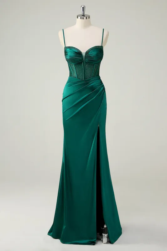 Dark Green Mermaid Corset Beaded Ruched Long Prom Dress with Slit made by Wedtrend