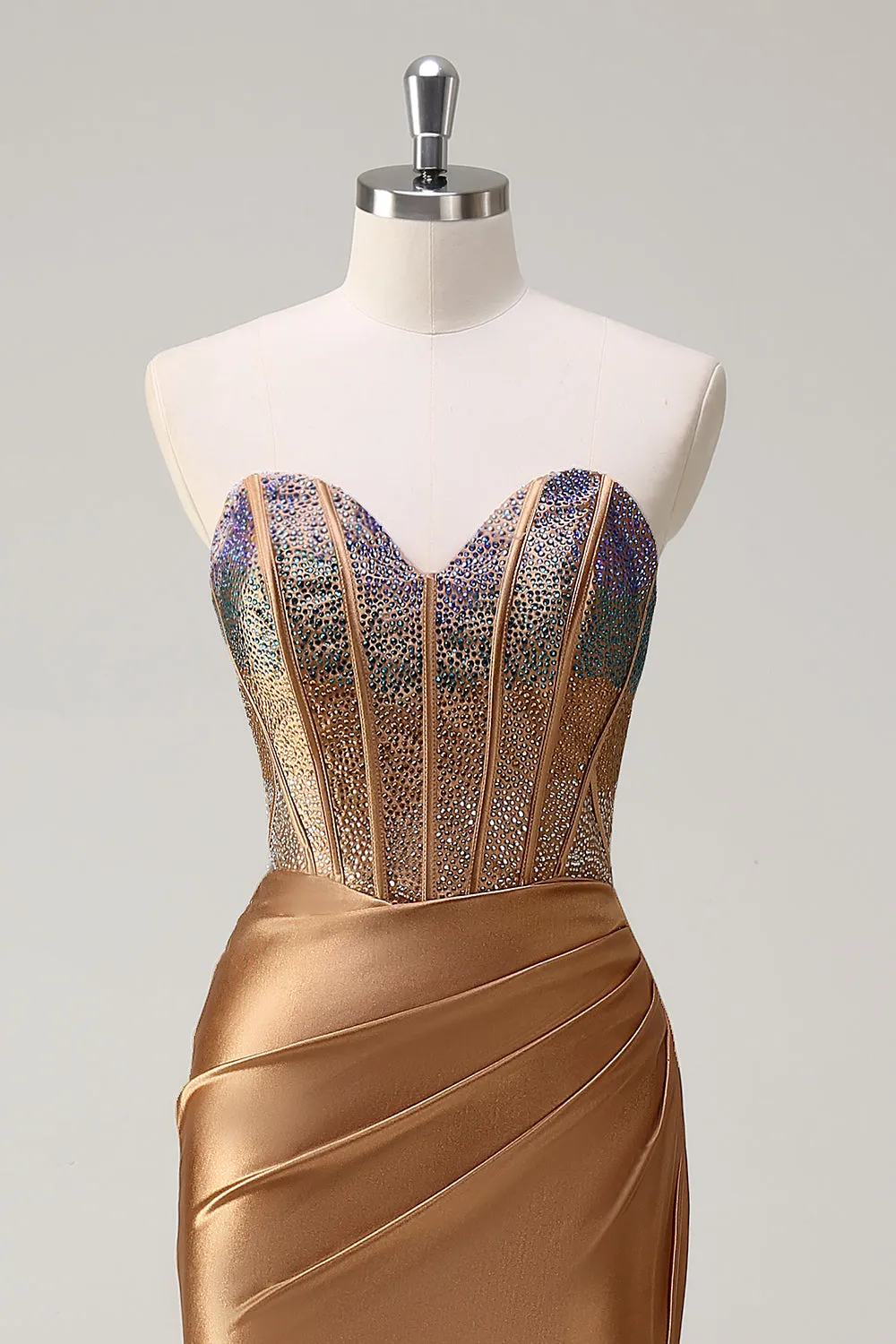 Brown Mermaid Sweetheart Beaded Ruched Long Prom Dress with Slit sold by Wedtrend product image thumbnail 4