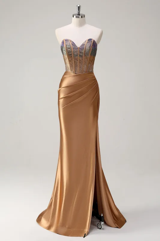 Brown Mermaid Sweetheart Beaded Ruched Long Prom Dress with Slit made by Wedtrend