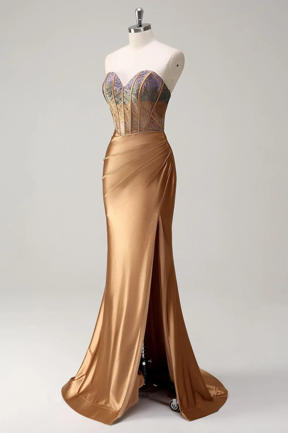 Brown Mermaid Sweetheart Beaded Ruched Long Prom Dress with Slit sold by Wedtrend product image thumbnail 3