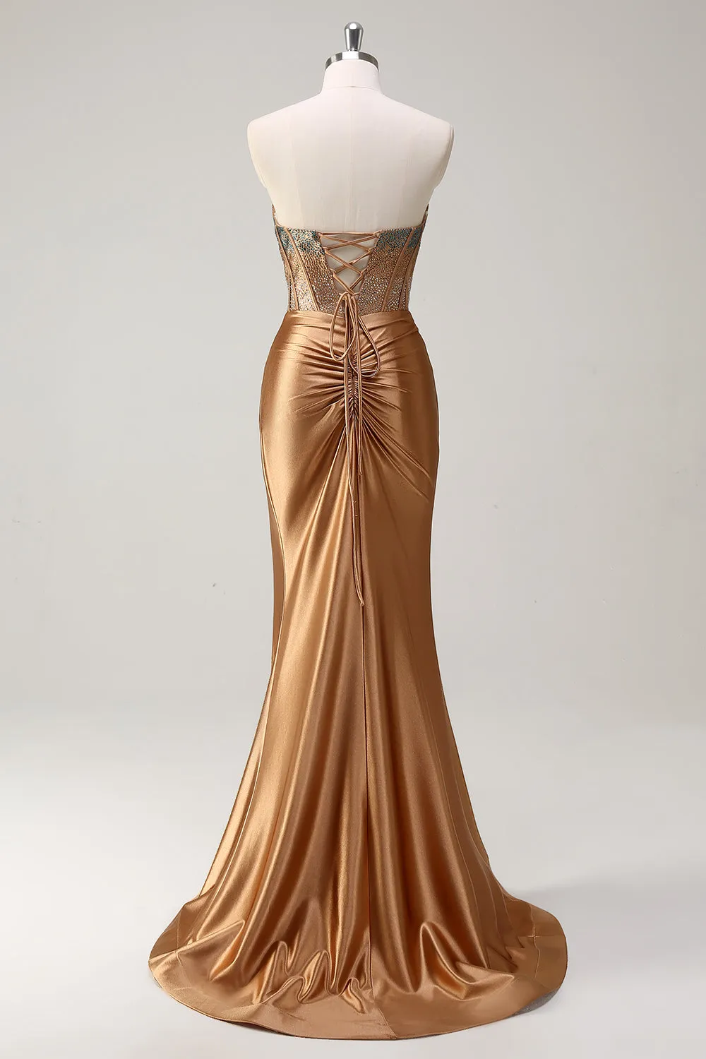 Brown Mermaid Sweetheart Beaded Ruched Long Prom Dress with Slit sold by Wedtrend product image thumbnail 2
