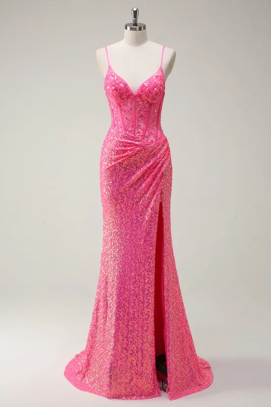 Sparkly Hot Pink Mermaid Spaghetti Straps Corset Sequin Long Prom Dress with Slit sold by Wedtrend